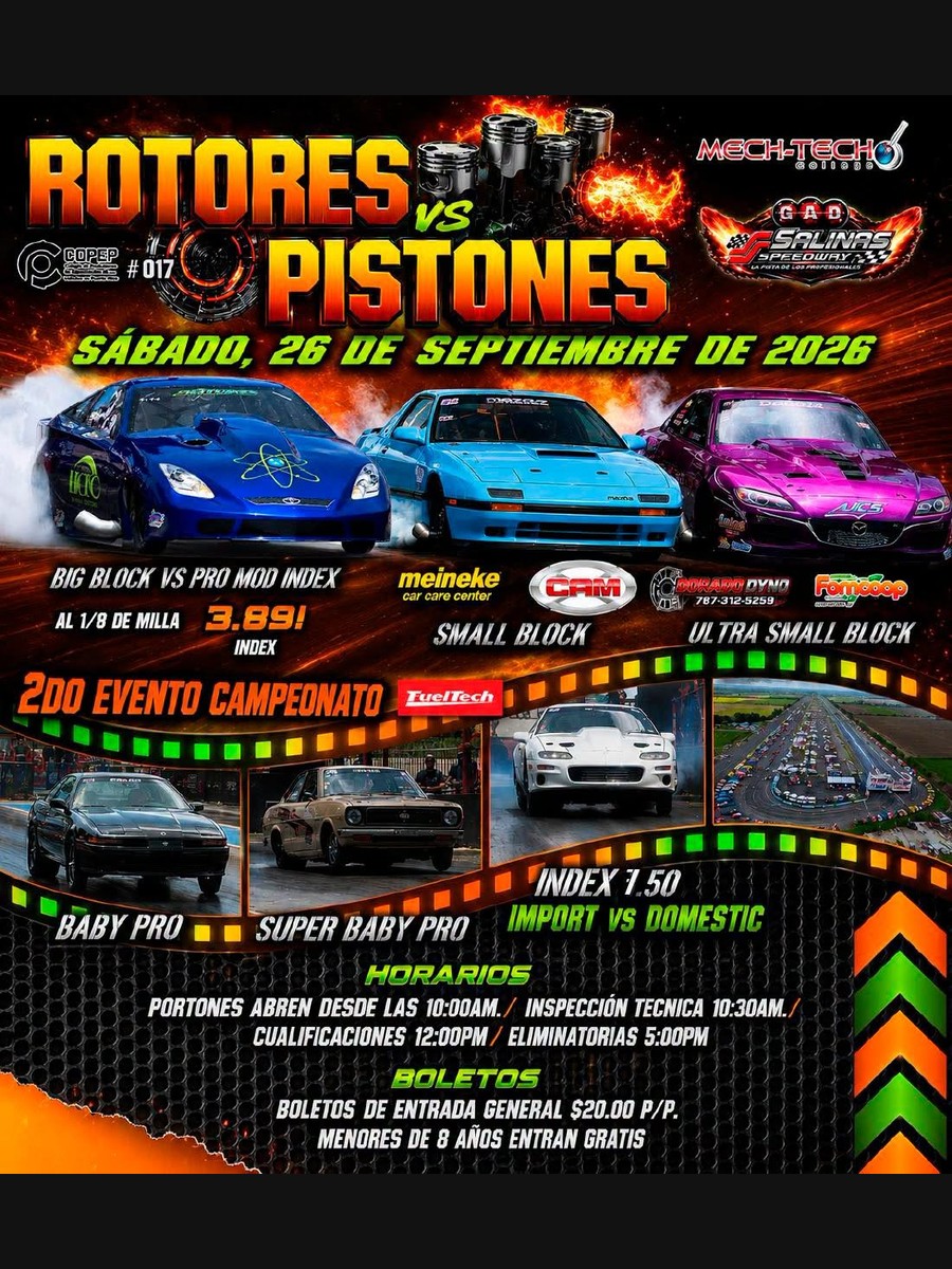 Rotores vs. Pistones: sábado 26 de septiembre en Salinas Speedway flyer evento racing Puerto Rico