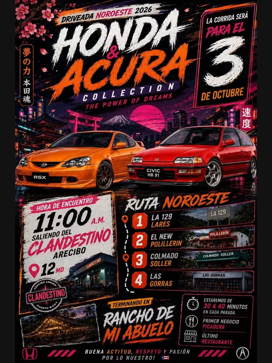 Driveada Noroeste 2026 Honda & Acura Collection 3: sábado 3 de octubre en Arecibo