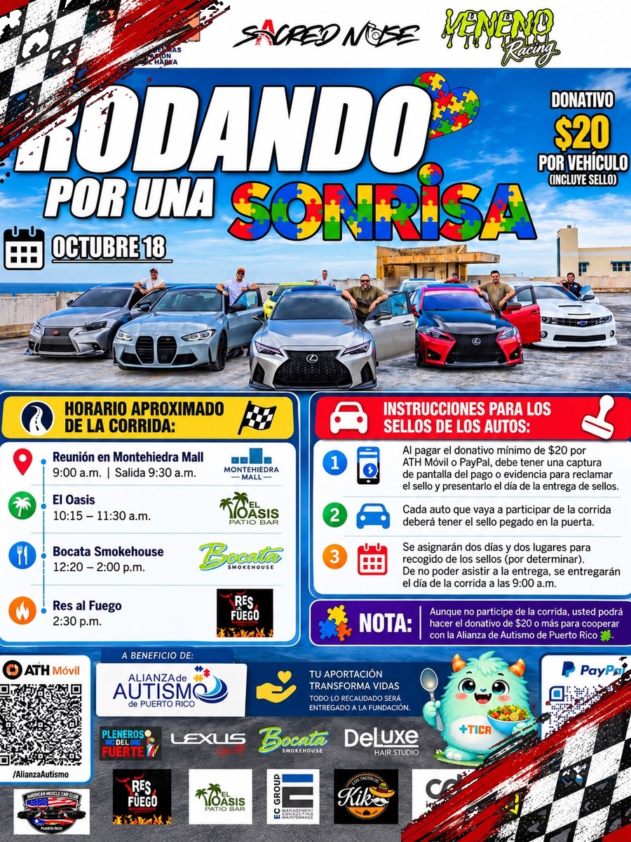 Rodando por una Sonrisa: domingo 18 de octubre desde Montehiedra Mall flyer evento racing Puerto Rico