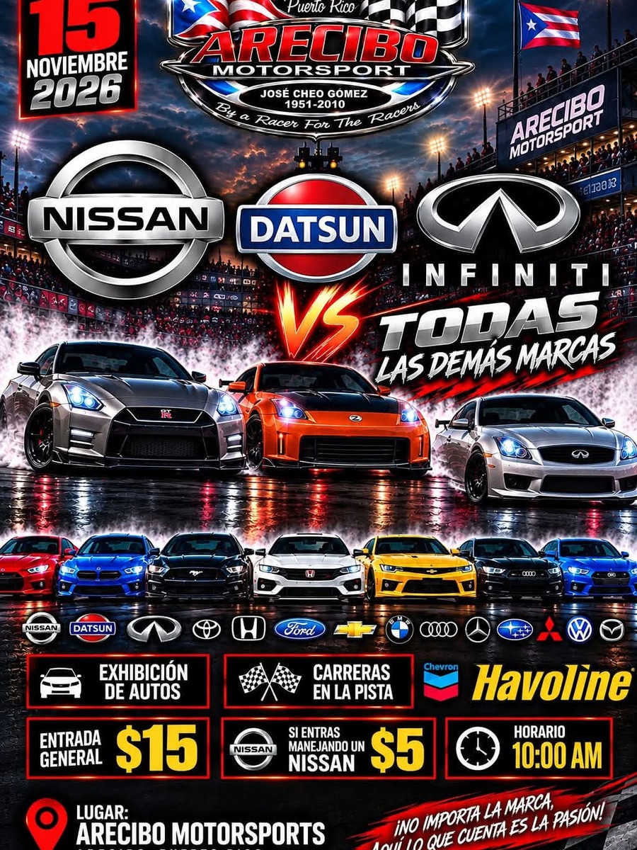 Nissan vs Todos: domingo 15 de noviembre en Arecibo Motorsport flyer evento racing Puerto Rico