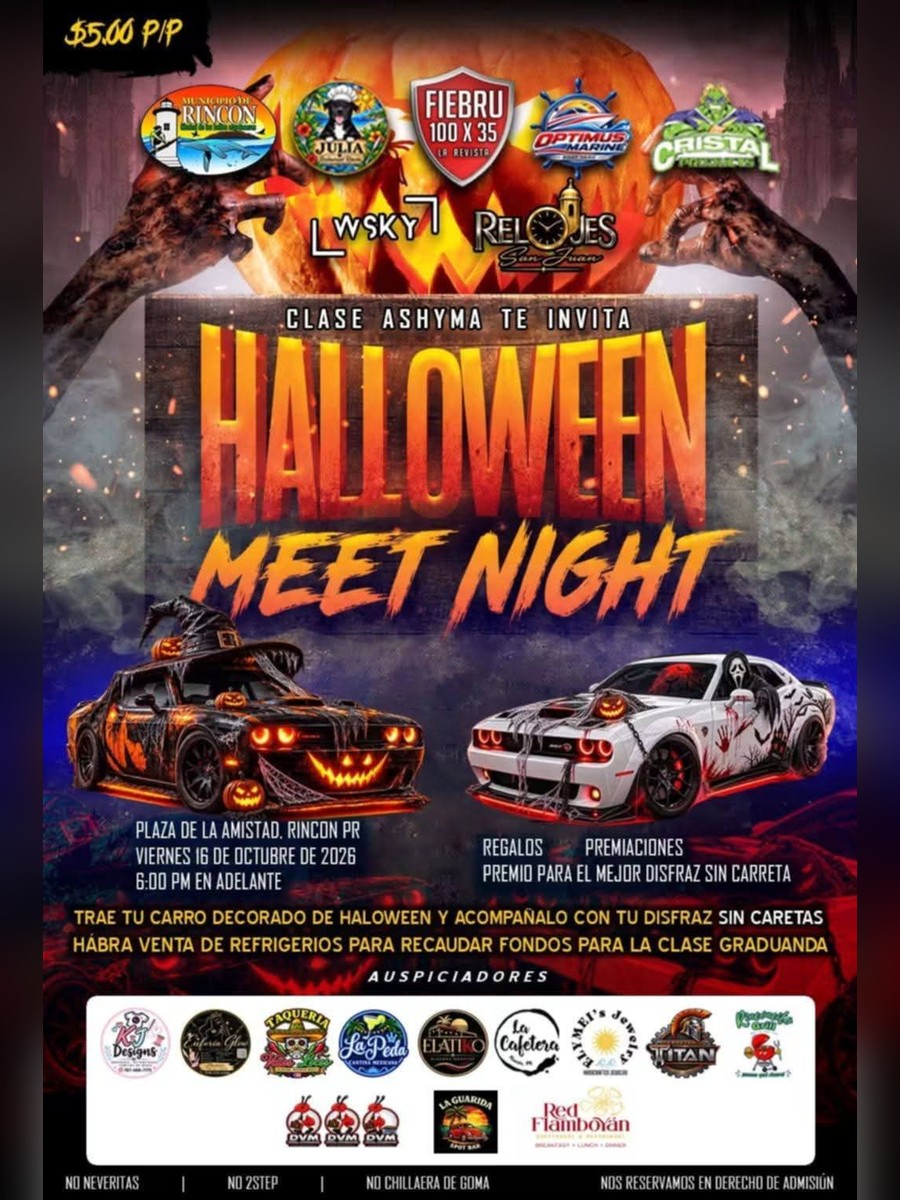 Halloween Meet Night: viernes 16 de octubre en Plaza de la Amistad, Rincón flyer evento racing Puerto Rico