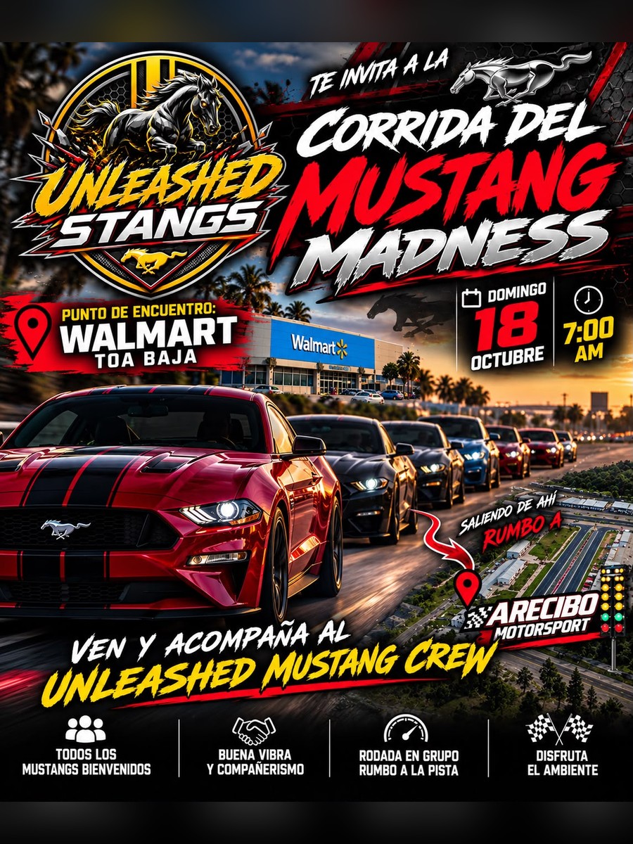 Corrida del Mustang Madness: domingo 18 de octubre desde Walmart Toa Baja flyer evento racing Puerto Rico