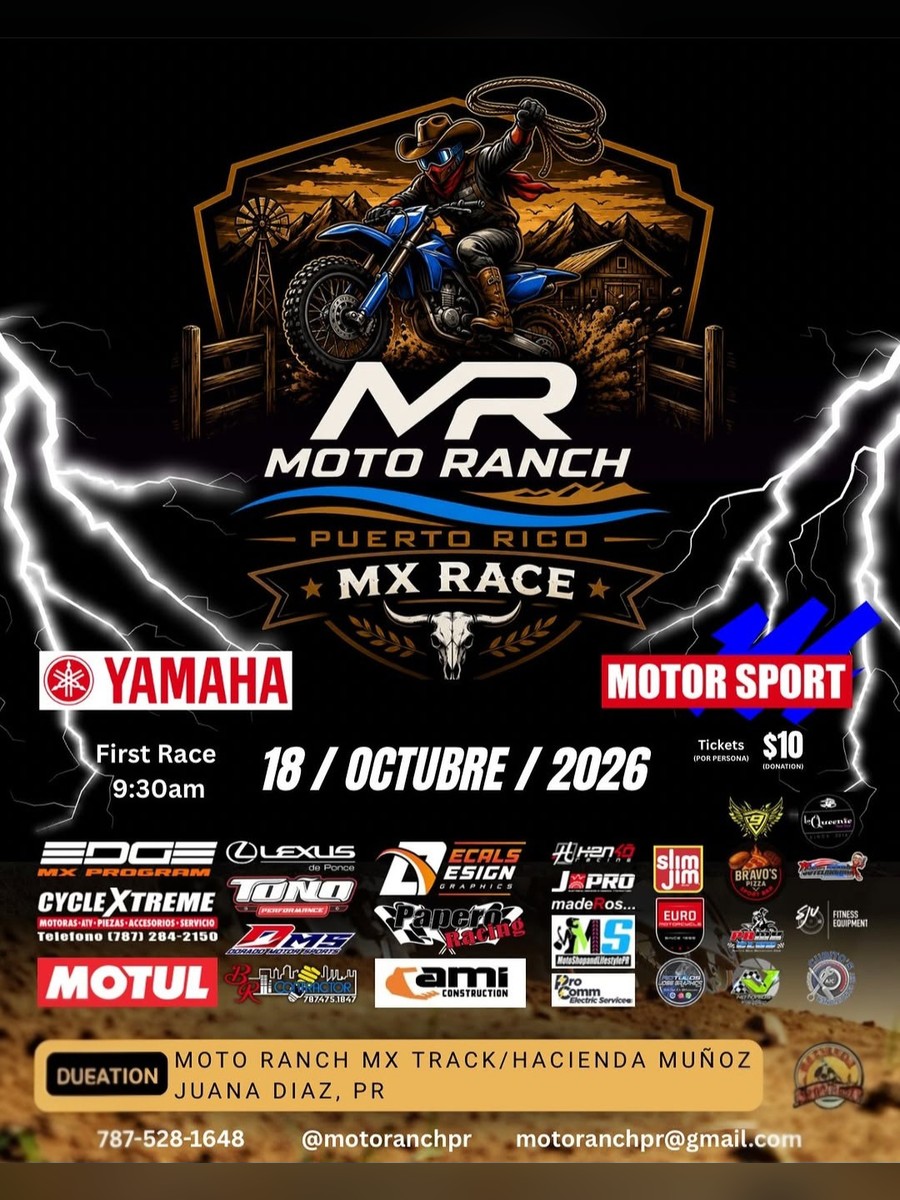 Moto Ranch Puerto Rico MX Race: domingo 18 de octubre en Hacienda Muñoz, Juana Díaz flyer evento racing Puerto Rico